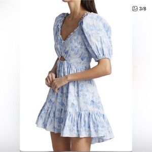 Cinq à Sept Kayla V-Neck Poplin Ruffle Puff Sleeve Dress Periwinkle Blue Floral